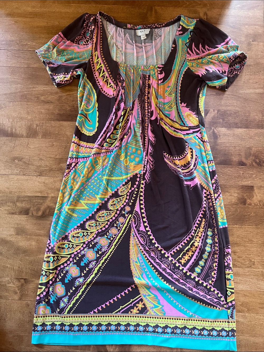 ECI Multicolor Paisley Scoop-Neck Midi Dress in Brown, Turquoise & Pink